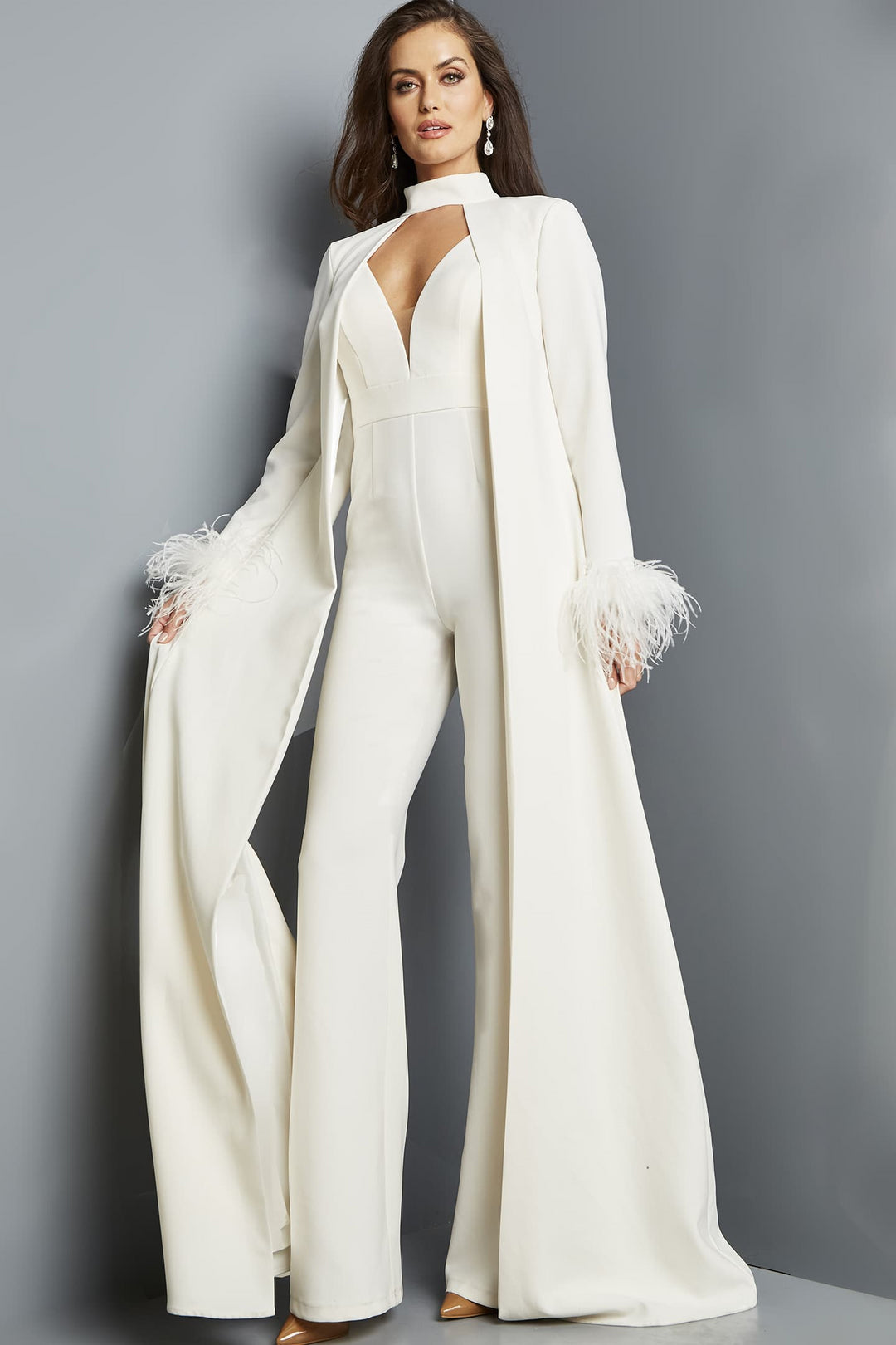 Jovani 09479 Crepe Jumpsuit with Feather Detail Mydressline