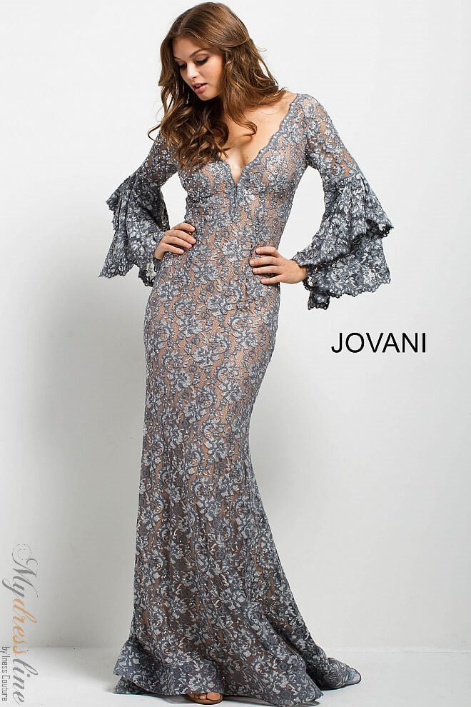 Jovani 57048 Lace Gown with Bell Sleeves Train Mydressline