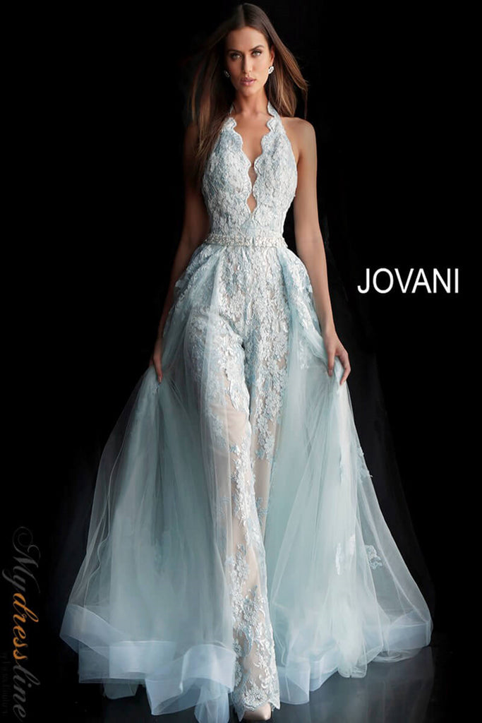 Jovani 60124 Lace Evening Jumpsuit with Dramatic Train Mydressline